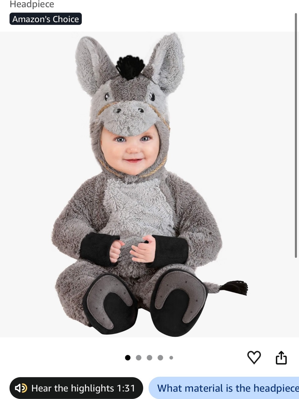 Plush Gray Donkey Baby Costume Headpiece and Romper